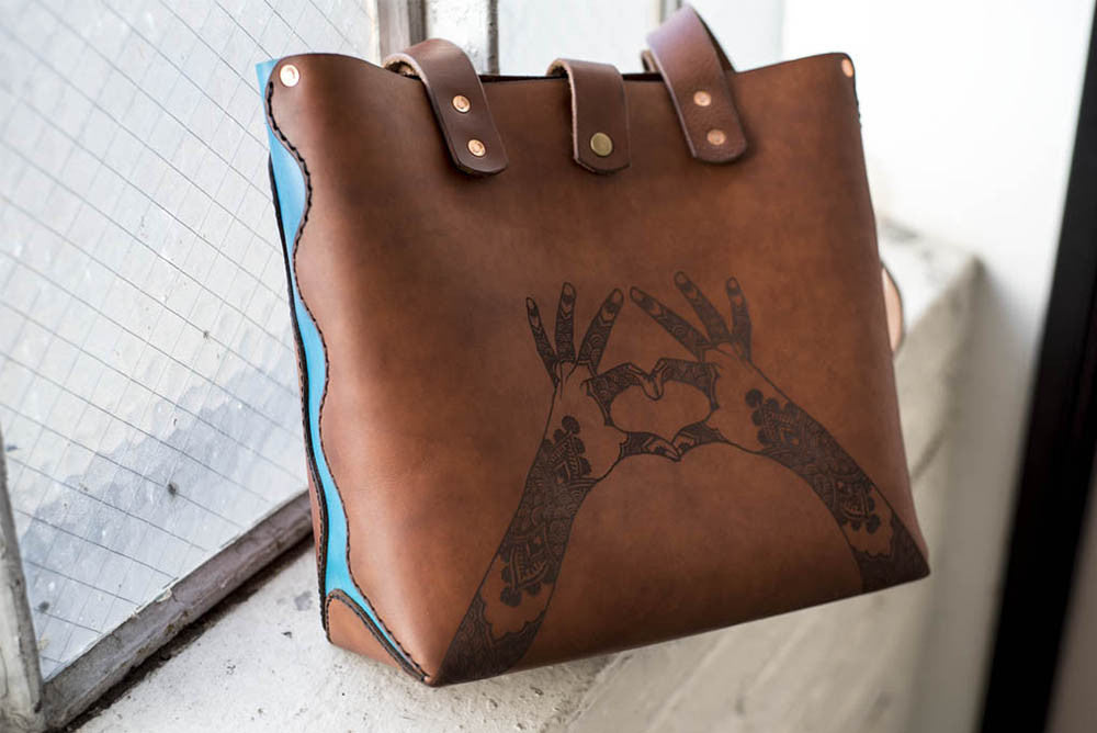 Hand and Hide leather tote bag with custom engraving