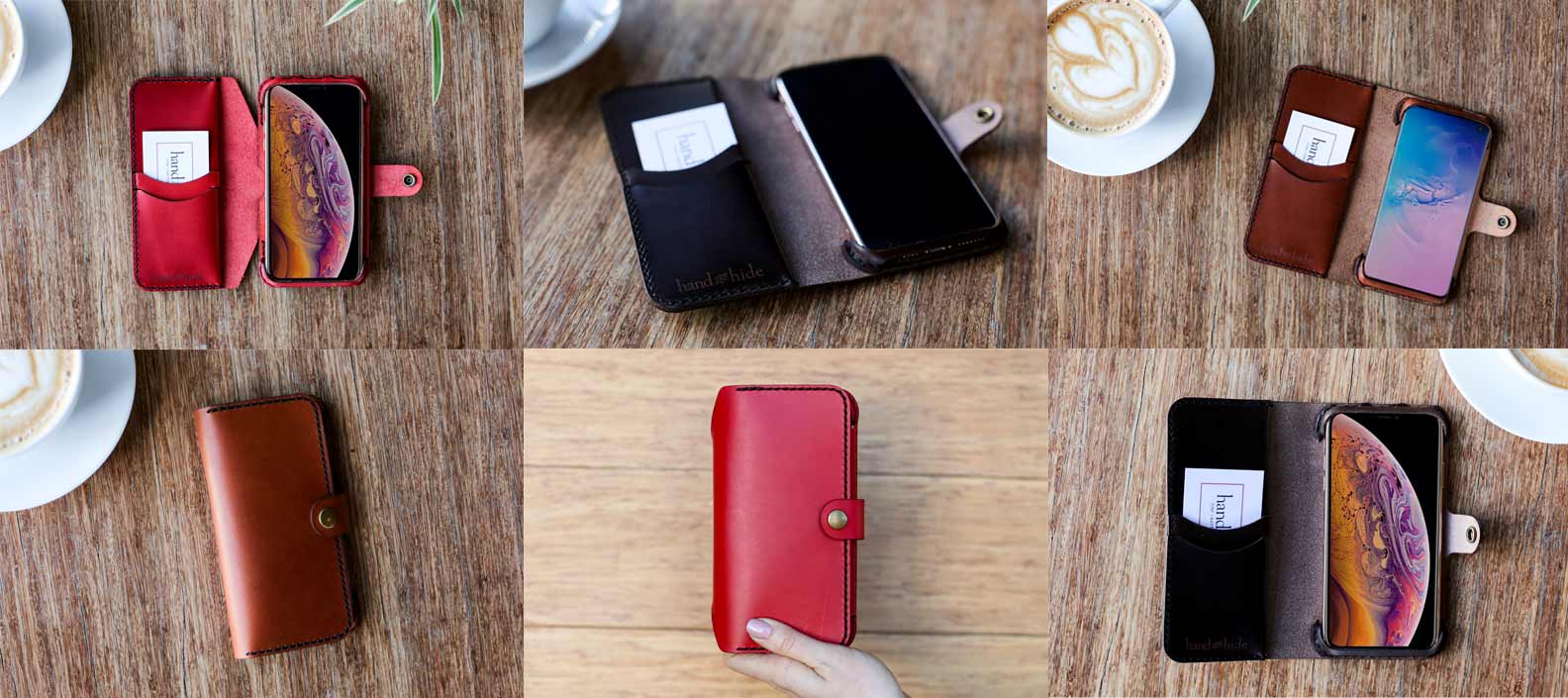 Custom leather phone wallets in a variety of styles and colors